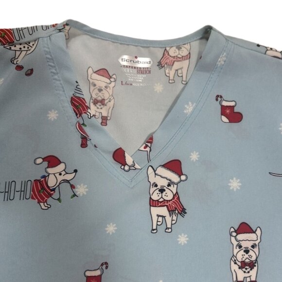 Scrubaid Women's Scrub Top  Blue Shirt French Bulldog  Xmas Theme Size Large - Picture 5 of 5